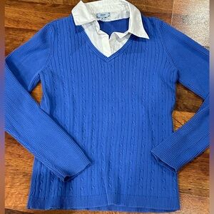 Women’s Ribbed Blue Long Sleeve Sweater with White Collar Size Medium Vintage